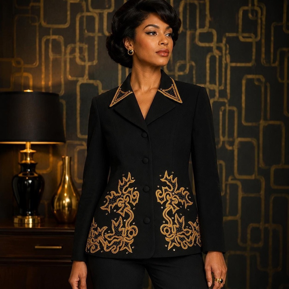 M Black Blazer with Gold Embellishments and Beading, Multi Button Blazer